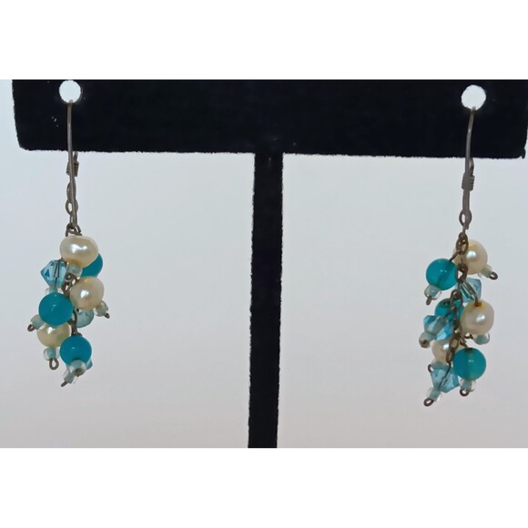 Sterling Silver Chalcedony & Pearl Cluster Dangle Earrings 1.5 in - Picture 5 of 13